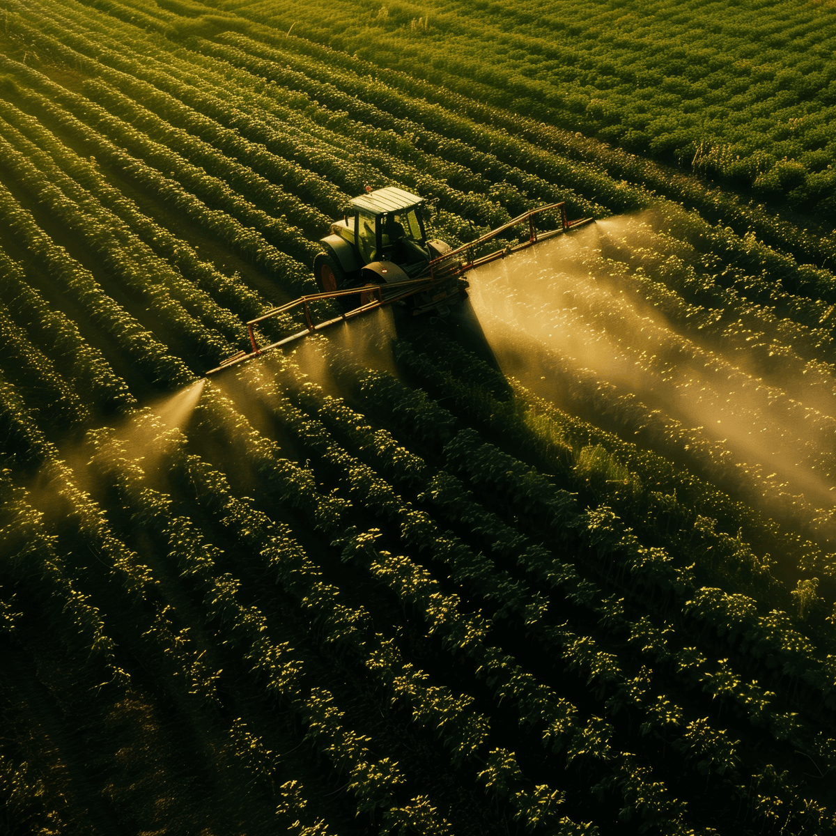 Tractor spraying rows of crops in golden sunlight