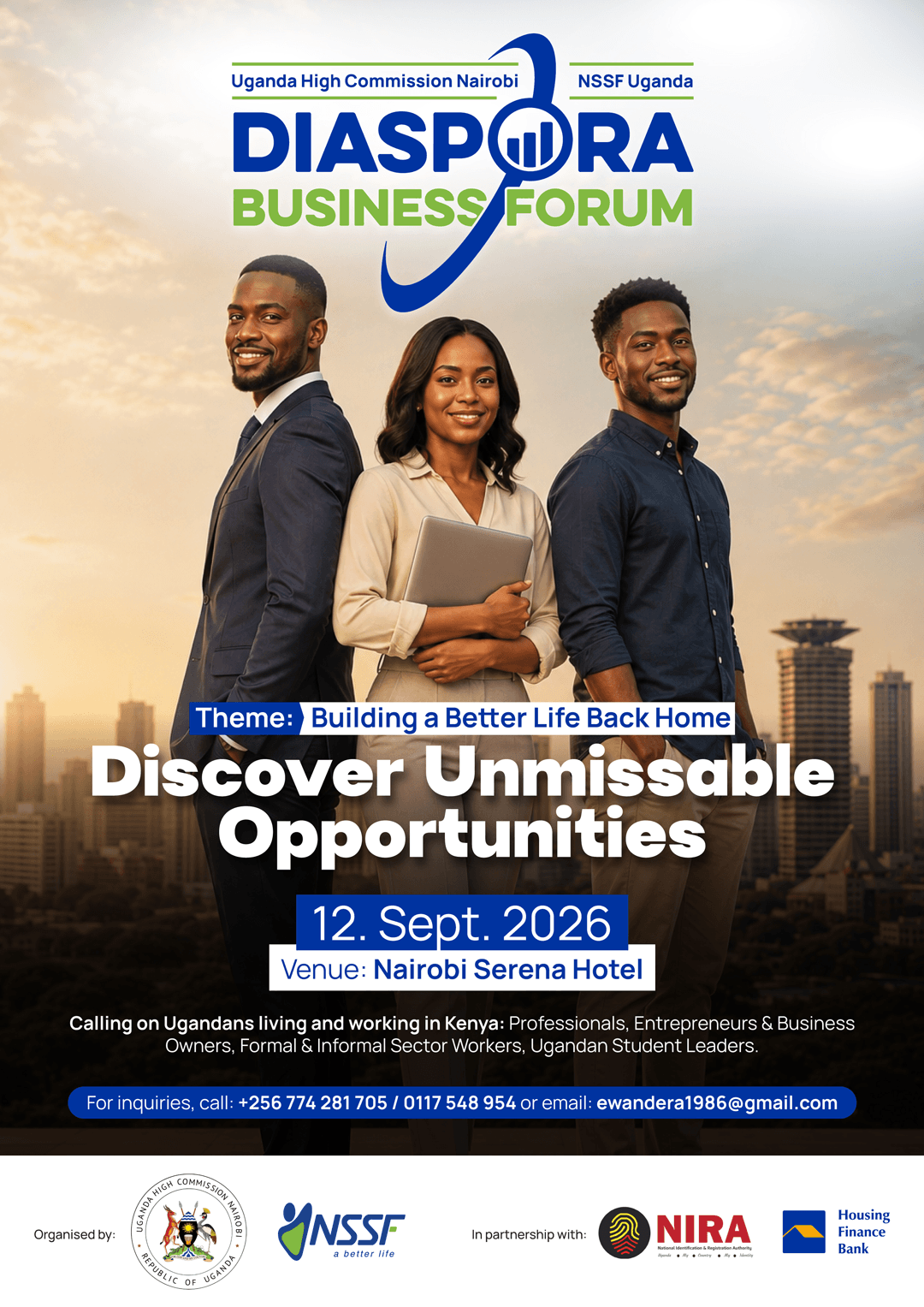 Uganda High Commission Nairobi and NSSF Uganda Diaspora Business Forum advert.