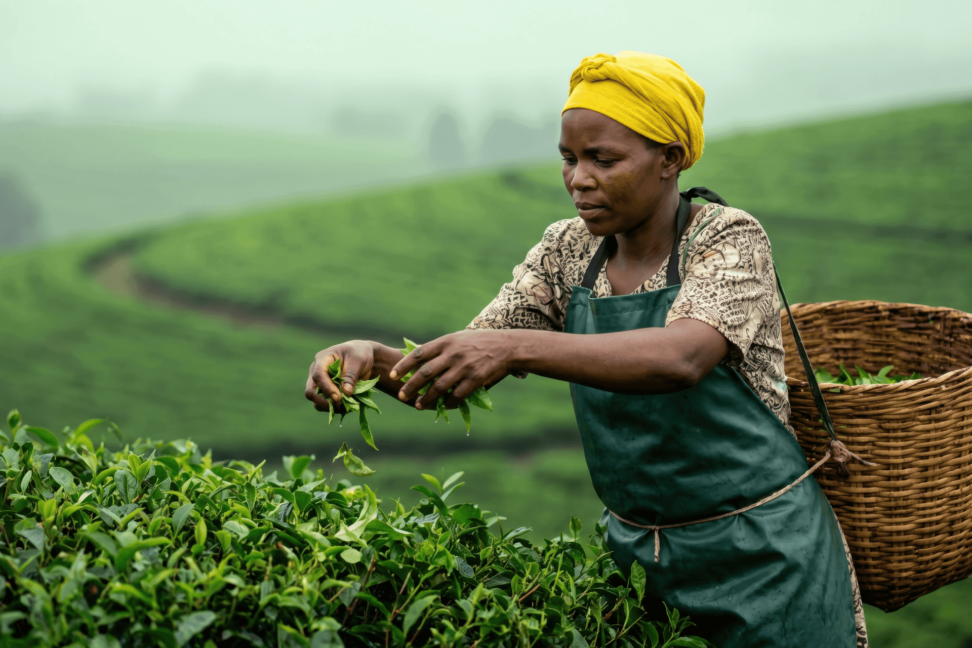 A tea picker harvesting leaves on a green hillside