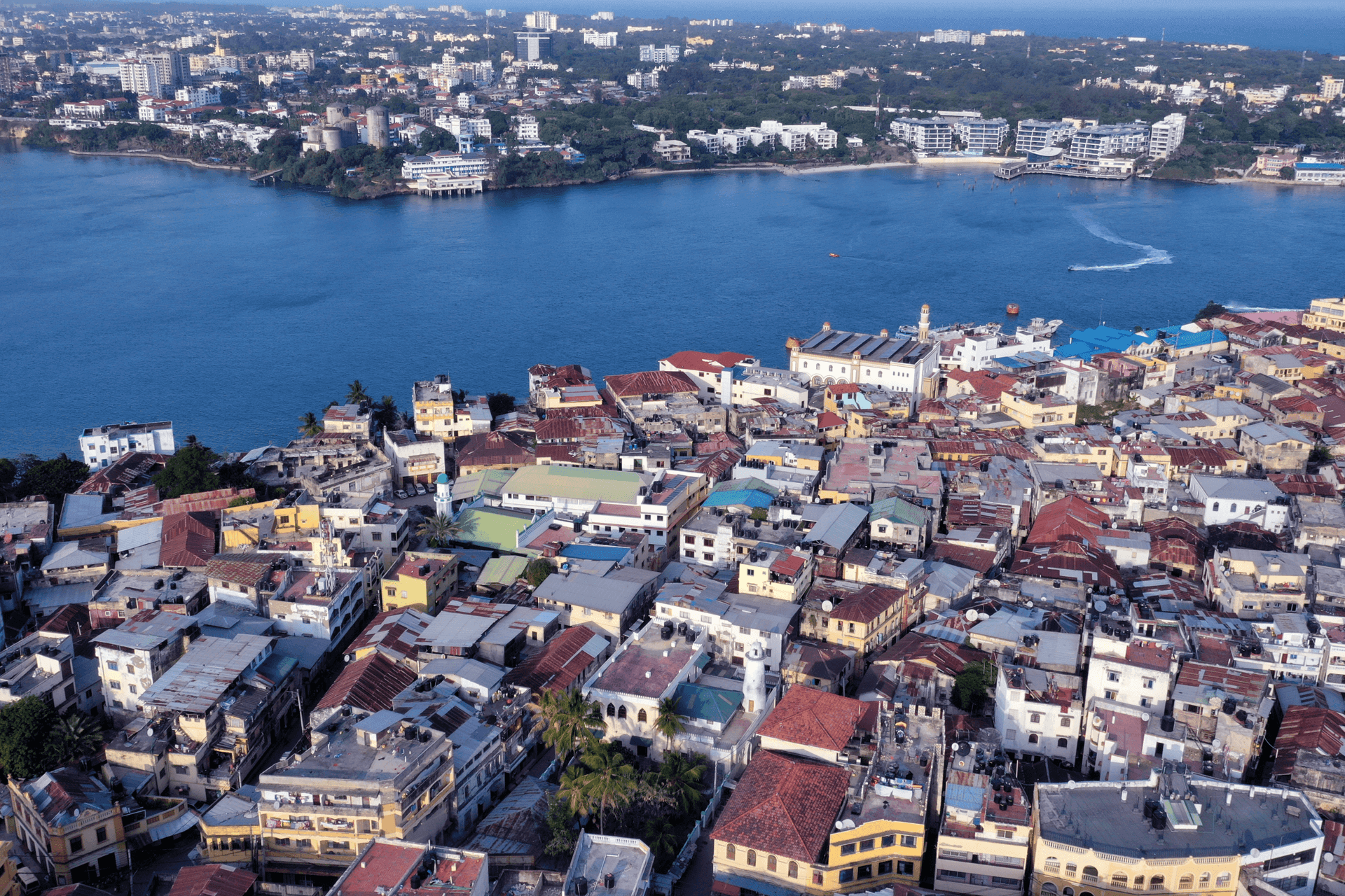 Aerial view of a coastal city and harbour