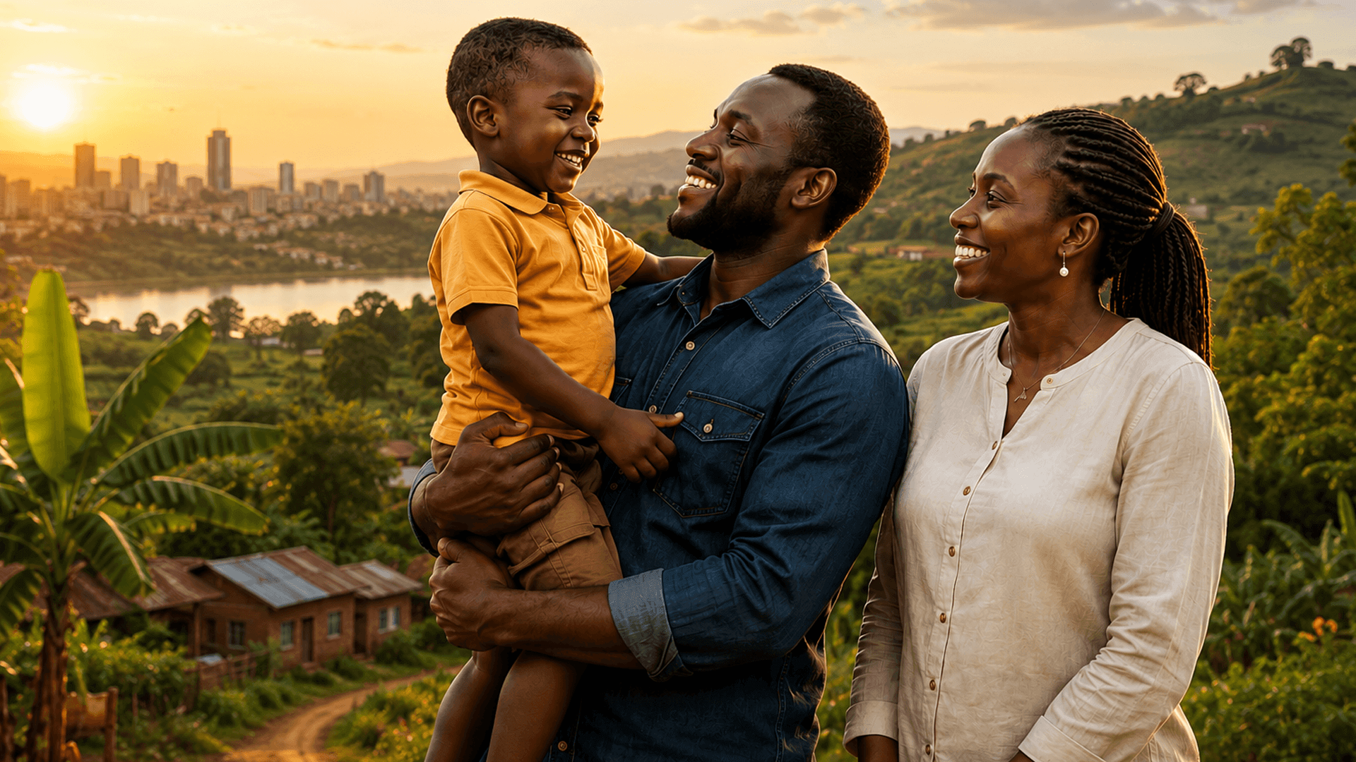 Two adults and a child smiling together, with a city and green hills behind them