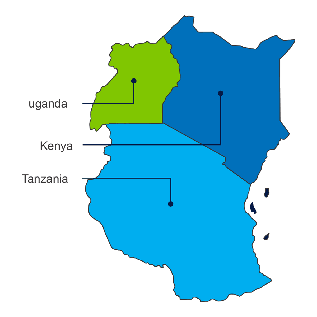 Map of East Africa showing Kenya, Tanzania and Uganda