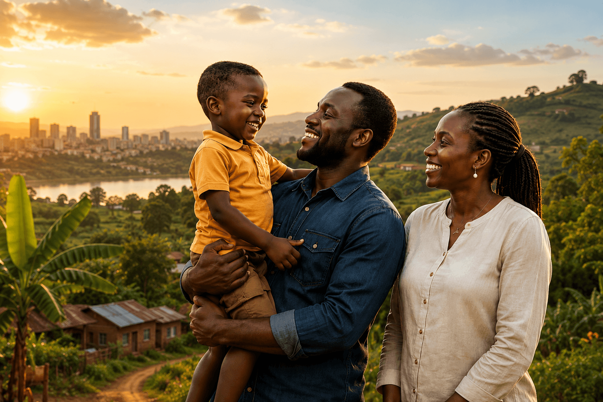 A family overlooking a Ugandan city at sunset
