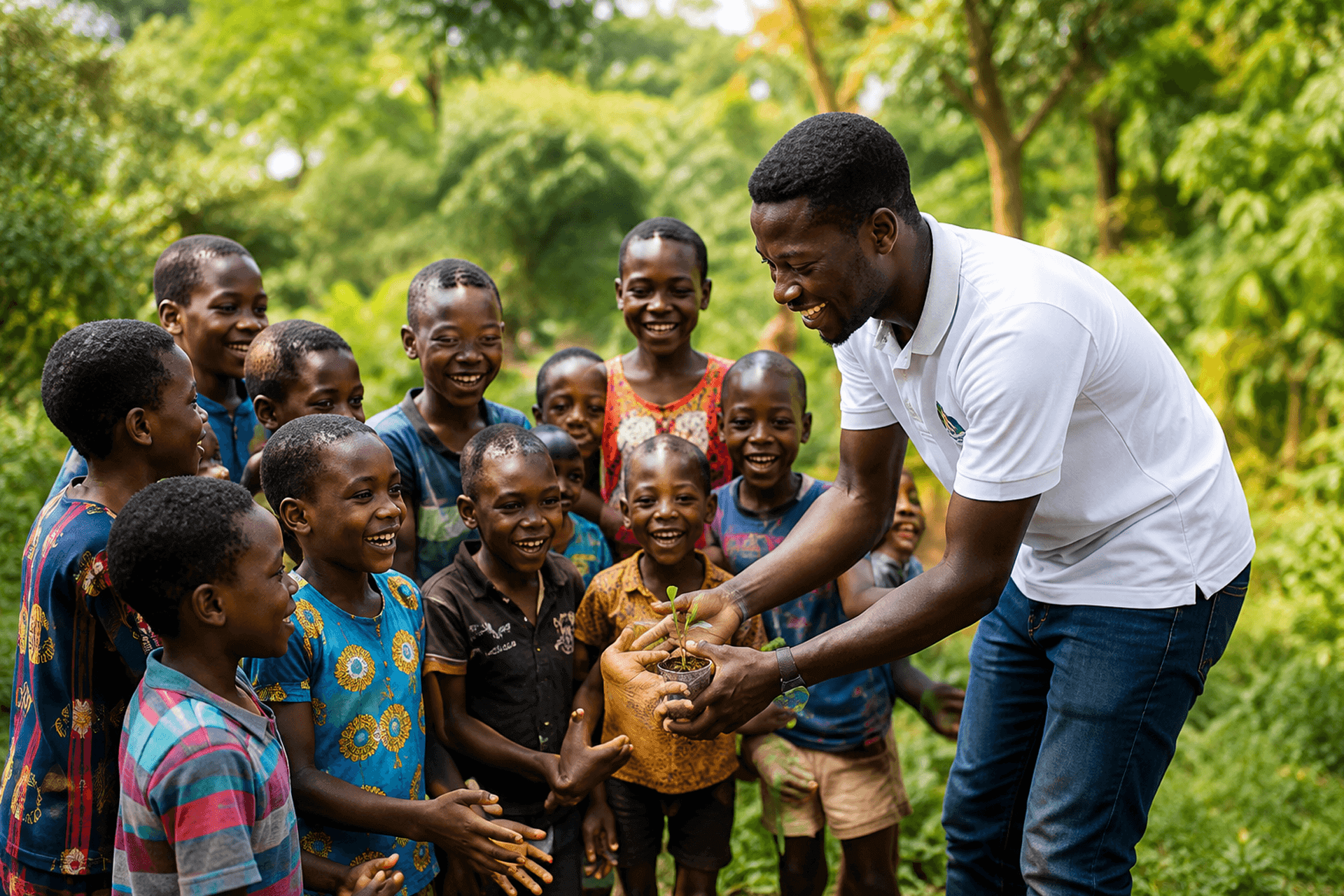A community leader showing children a young plant