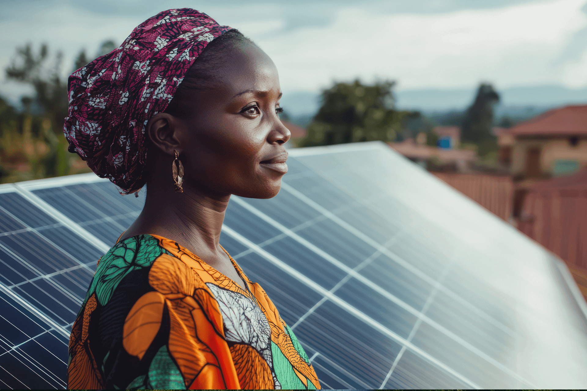 A woman standing beside solar panels