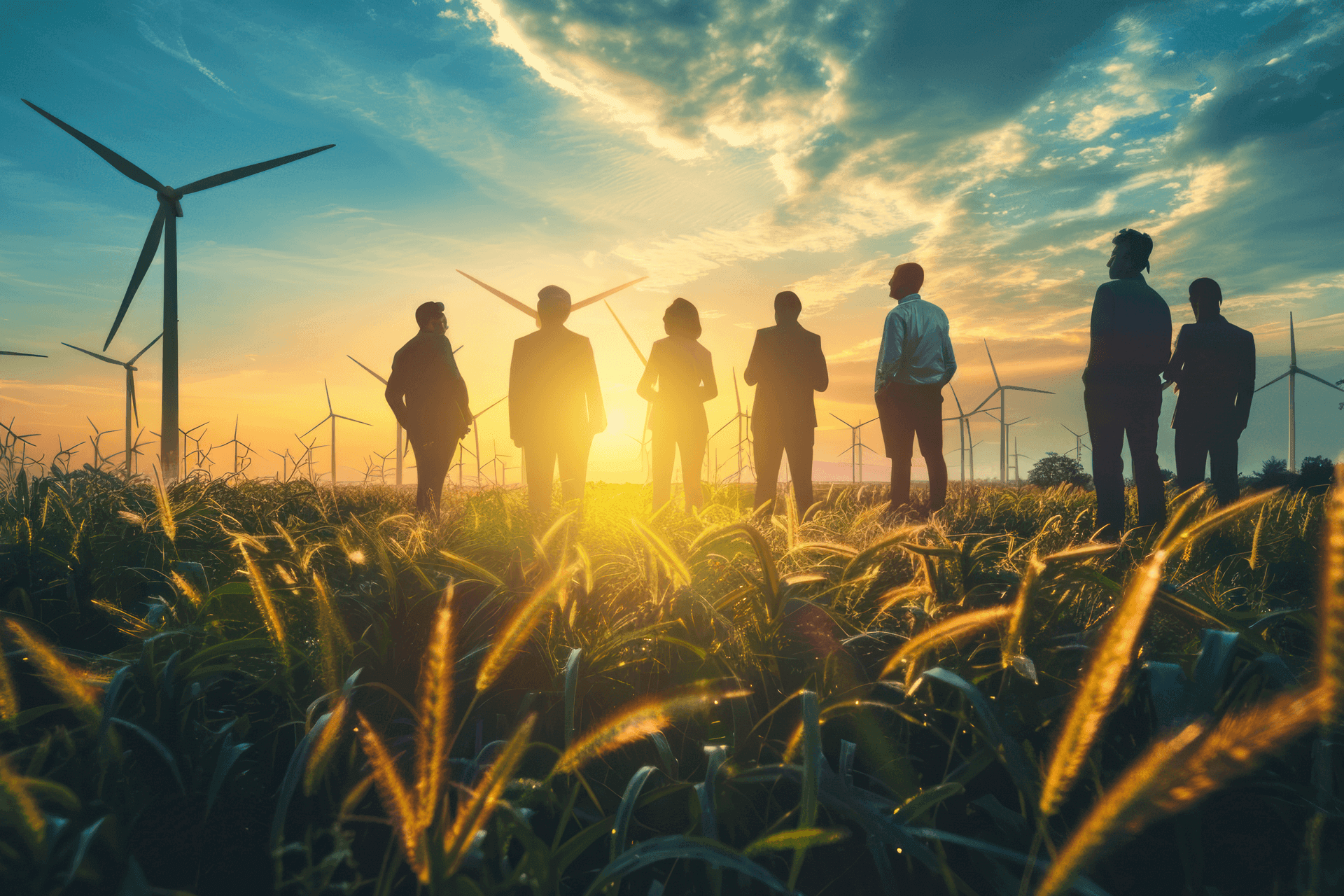 People standing among wind turbines at sunset