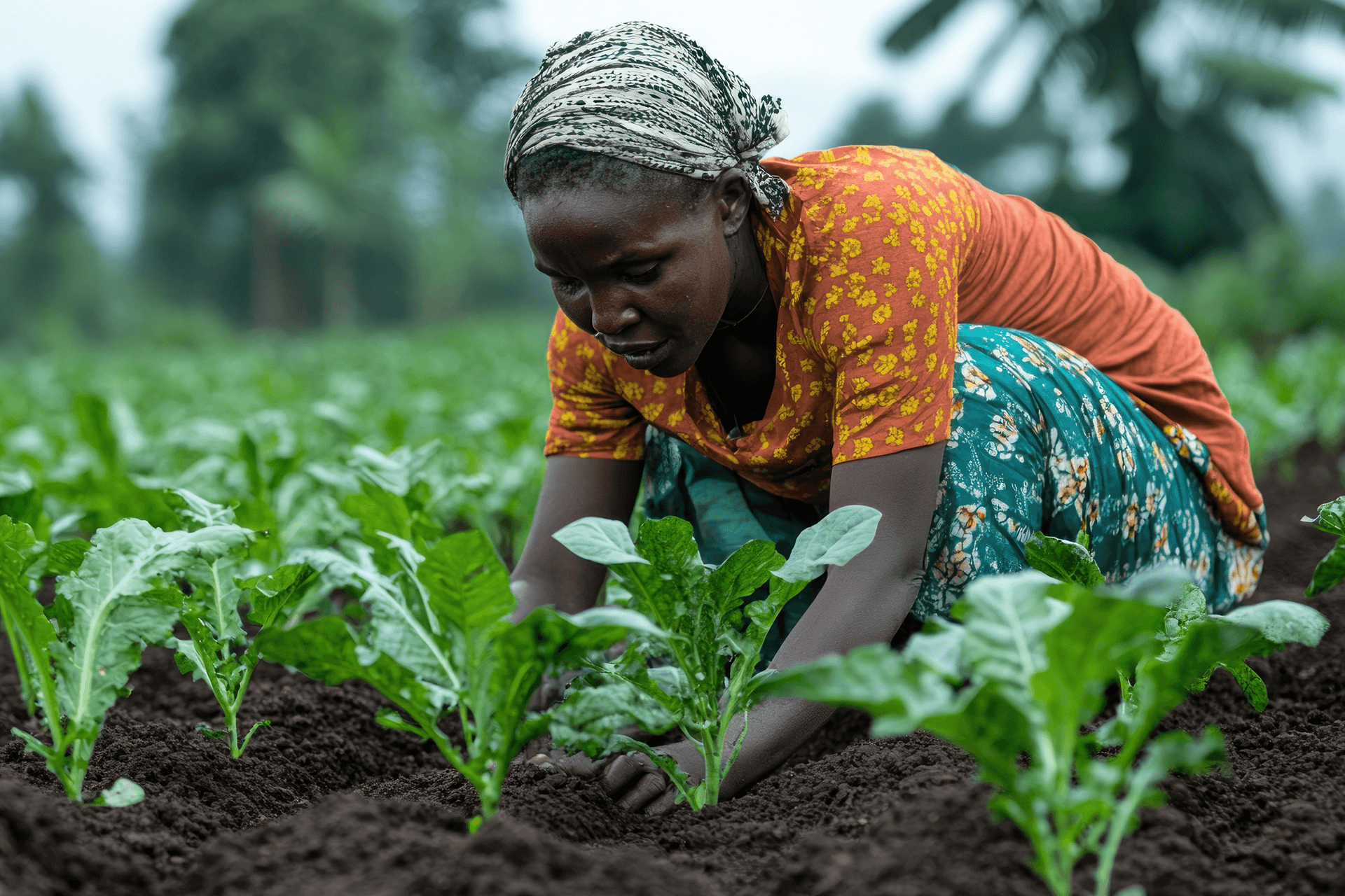 Woman tending leafy vegetables
