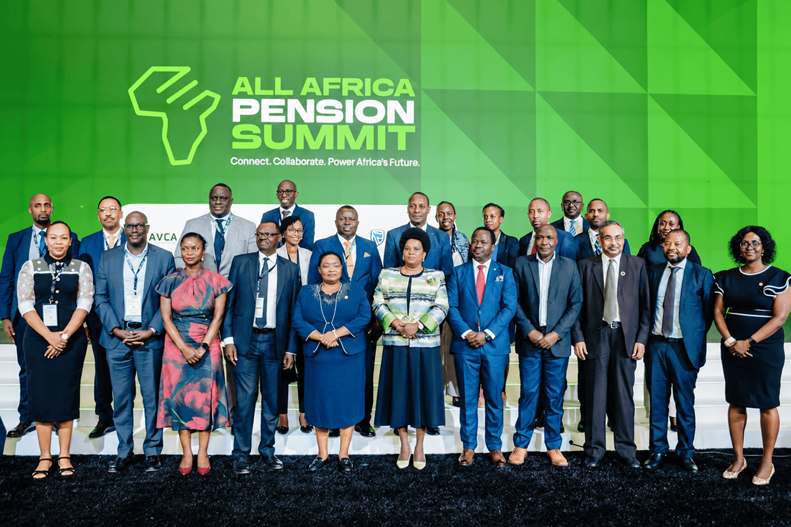 Participants at the All Africa Pension Summit, including Prime Minister Rt Hon Robinah Nabbanja (centre-left) and Minister of Gender, Labour and Social Development Betty Amongi (centre-right), where the Kampala Declaration was adopted in November 2025.