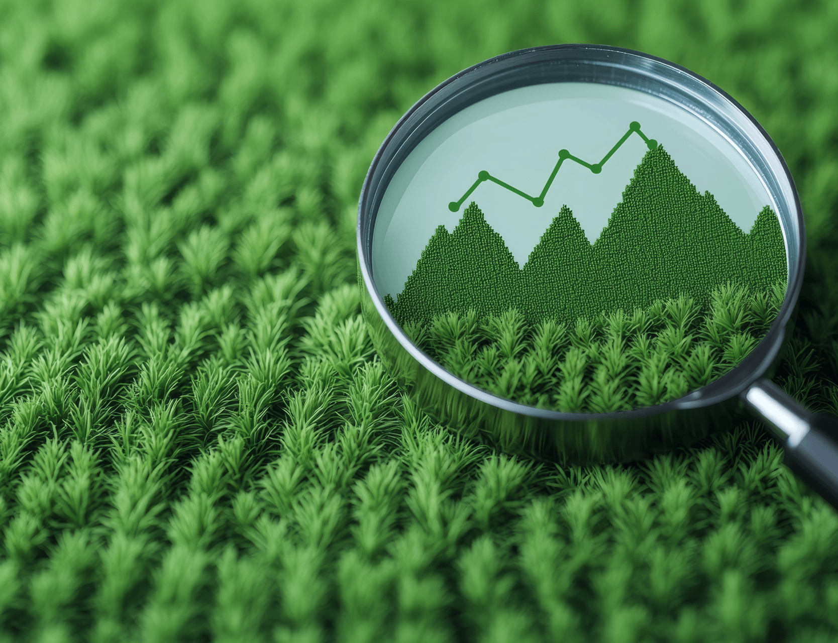 Magnifying glass showing a rising chart over green vegetation