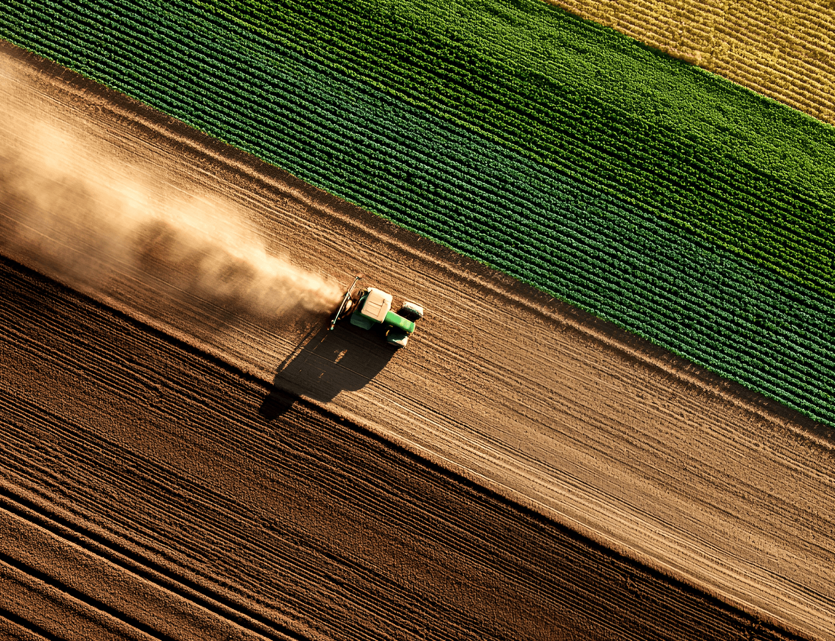 Tractor working a field beside rows of crops
