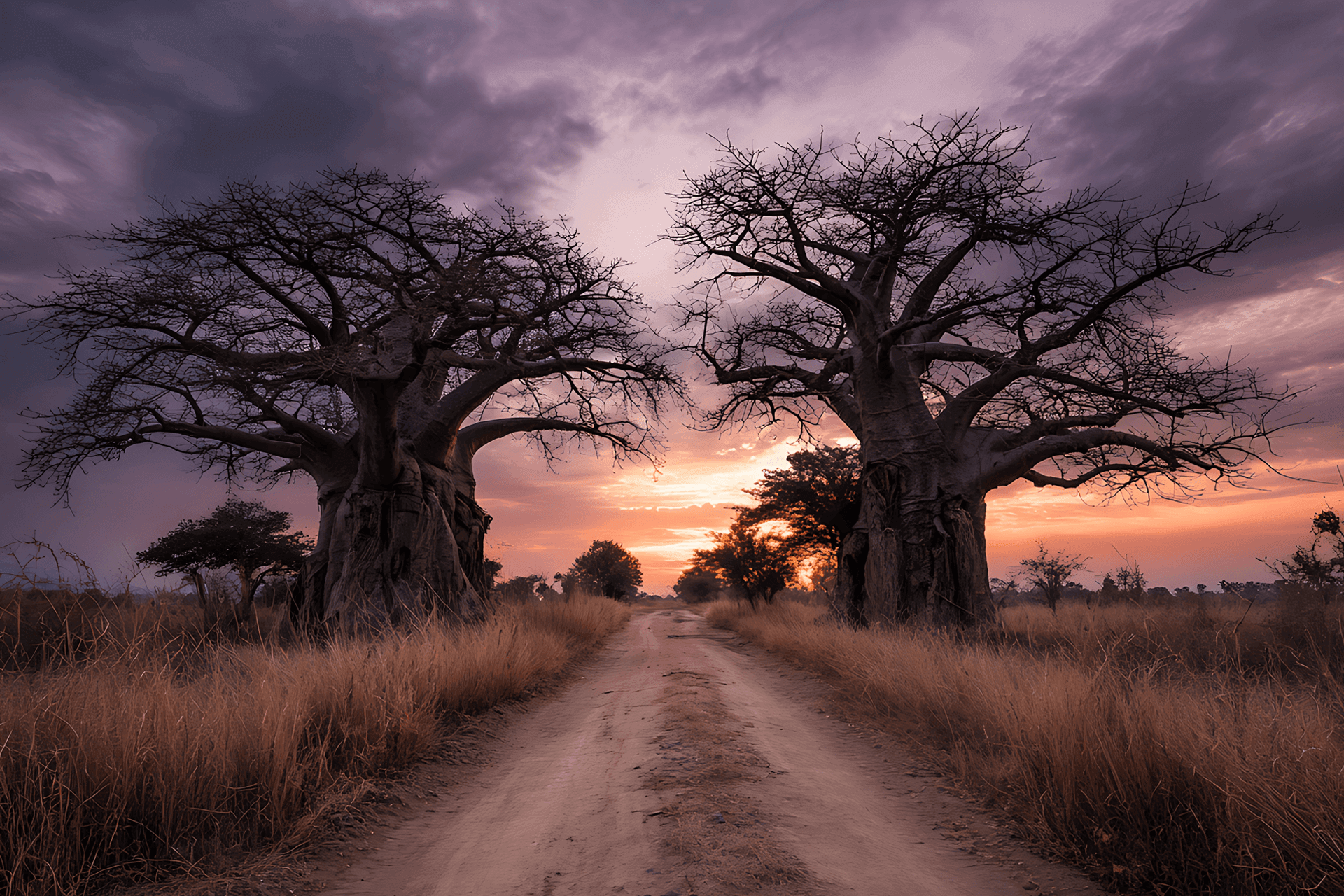 Baobab trees beside a dirt road at sunset